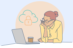A young woman in a yellow button down shirt with glasses sits at a laptop with a cup of coffee. To the side of her, there is a blue cloud with an orange lock over it, to represent cloud security